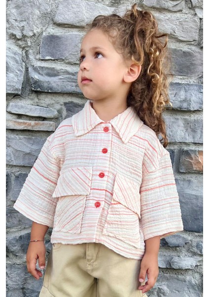 Kız Çocuk Kemer Boy Gömlek Fakir Kol Cepli 5-14 Yaş, Ekru