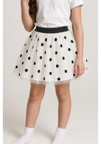 Kız Çocuk Tütü Etek Puan Desenli Simli Beli Lastikli 5-10 Yaş, Beyaz