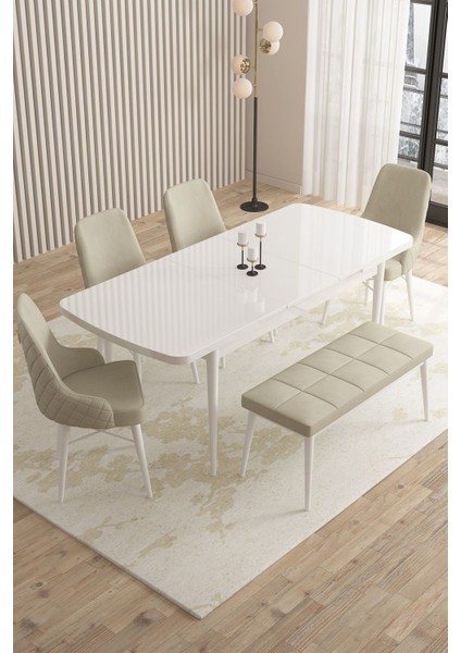 Mazaka Beyaz 80X132 Açılabilir Mdf Masa Yemek Odası Takımı, Mutfak Takımı 4 Sandalye 1 Bench fiyatları