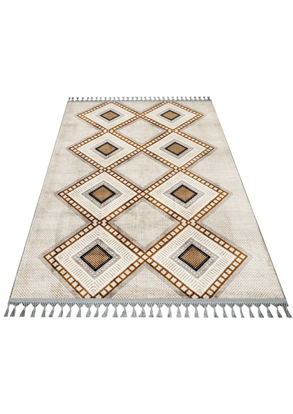 Prabhakar Krem Geometrik Etnik Modern Desenli Bambu Makinada Yıkanabilir Hav Toz Vermez Leke Tutmayan Kaymaz Taban Dijital Makine Baskı Salon Yolluk Mutfak Halı fiyatları