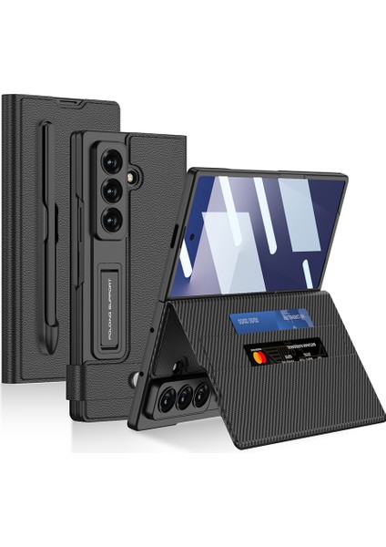 Samsung Galaxy Z Fold 7 Suni Deri Tasarımlı Kalem Bölmeli Zore Kıpta Kartlıklı Standlı Kapak