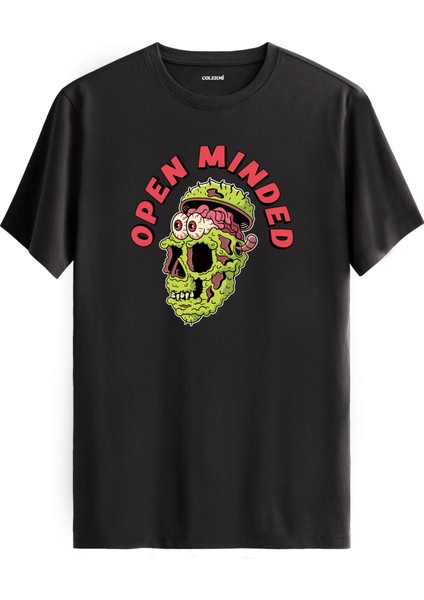 Open Minded Kafatası Baskılı Tişört %100 Pamuk Sokak Modası Tshirt