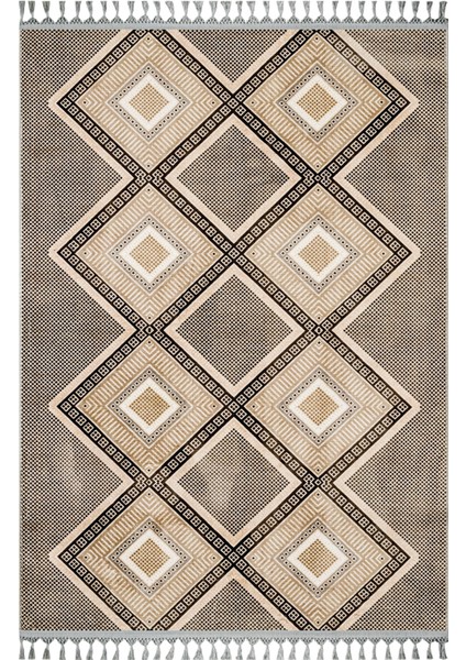 Preethi Bej Geometrik Etnik Modern Desenli Bambu Makinada Yıkanabilir Hav Toz Vermez Leke Tutmayan Kaymaz Taban Dijital Makine Baskı Salon Yolluk Mutfak Halı