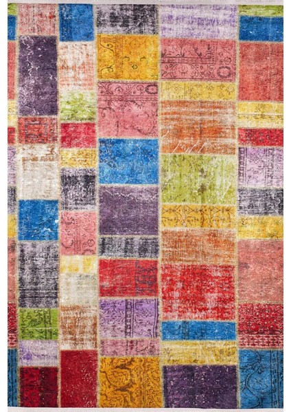 Zeeland Pembe Patchwork Etnik Modern Desenli Makinada Yıkanabilir Hav Toz Vermez Leke Tutmayan Kaymaz Taban Dijital Makine Baskı Salon Yolluk Mutfak Halı