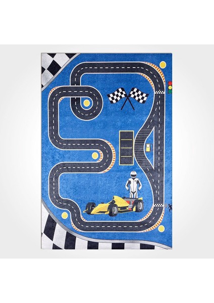 Anae Çocuk Mavi Polyester Dikdörtgen Modern Desenli Pamuk Makinada Yıkanabilir Hav Toz Vermez Leke Tutmayan Kaymaz Taban Dijital Makine Baskı Salon Yolluk Mutfak Halı