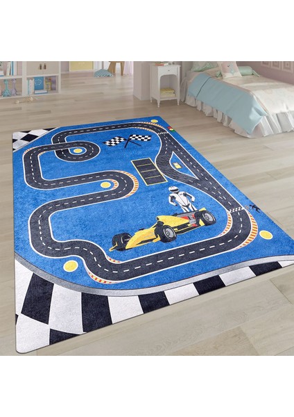 Anae Çocuk Mavi Polyester Dikdörtgen Modern Desenli Pamuk Makinada Yıkanabilir Hav Toz Vermez Leke Tutmayan Kaymaz Taban Dijital Makine Baskı Salon Yolluk Mutfak Halı fırsatları