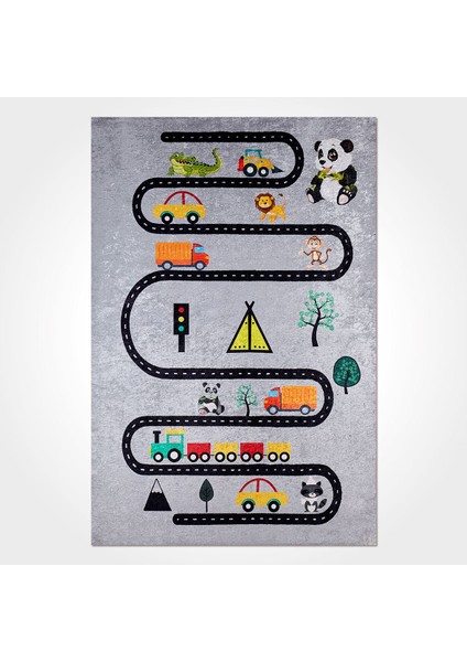 Tatum Çocuk Gri Polyester Dikdörtgen Modern Desenli Pamuk Makinada Yıkanabilir Hav Toz Vermez Leke Tutmayan Kaymaz Taban Dijital Makine Baskı Salon Yolluk Mutfak Halı