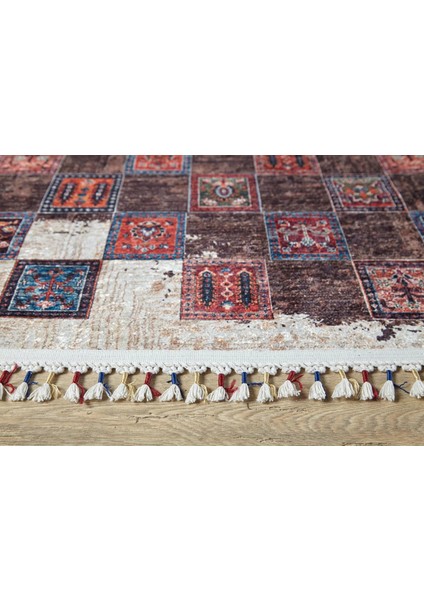 Konstantynow Kahverengi Göbekli Etnik Modern Desenli Makinada Yıkanabilir Hav Toz Vermez Leke Tutmayan Kaymaz Taban Dijital Makine Baskı Salon Yolluk Mutfak Halı modelleri