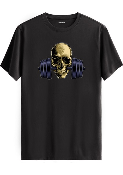 Dumbbell Kurukafa Baskılı Spor ve Sokak Modası %100 Pamuk Tişört