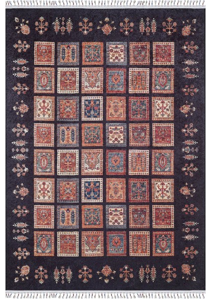 Lobez Lacivert Göbekli Etnik Modern Desenli Pamuk Makinada Yıkanabilir Hav Toz Vermez Leke Tutmayan Kaymaz Taban Dijital Makine Baskı Salon Yolluk Mutfak Halı