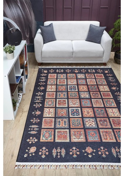 Lobez Lacivert Göbekli Etnik Modern Desenli Pamuk Makinada Yıkanabilir Hav Toz Vermez Leke Tutmayan Kaymaz Taban Dijital Makine Baskı Salon Yolluk Mutfak Halı fiyatları