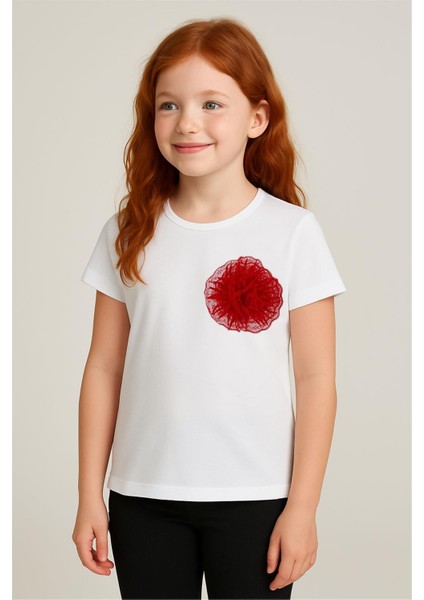 Kız Çocuk Tişört Tül Çiçek Aksesuarlı 5-10 Yaş, Beyaz