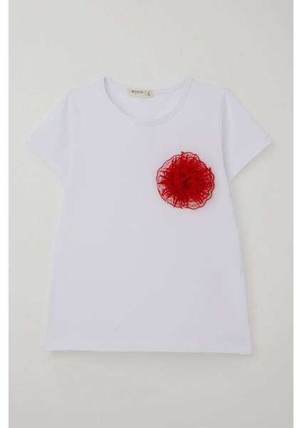 Kız Çocuk Tişört Tül Çiçek Aksesuarlı 5-10 Yaş, Beyaz fiyatları