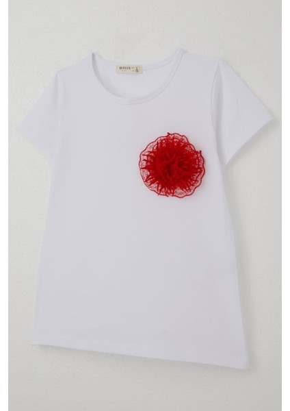 Kız Çocuk Tişört Tül Çiçek Aksesuarlı 5-10 Yaş, Beyaz fırsatları