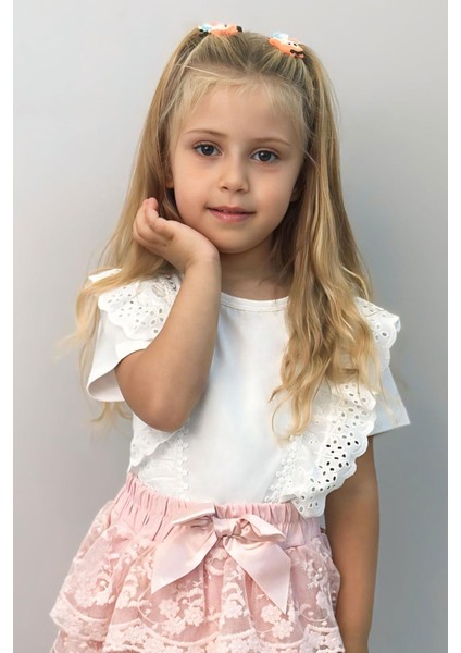 Kız Çocuk Tişört Güpürlü Çiçekleri Nakışlı 1.5-5 Yaş, Beyaz