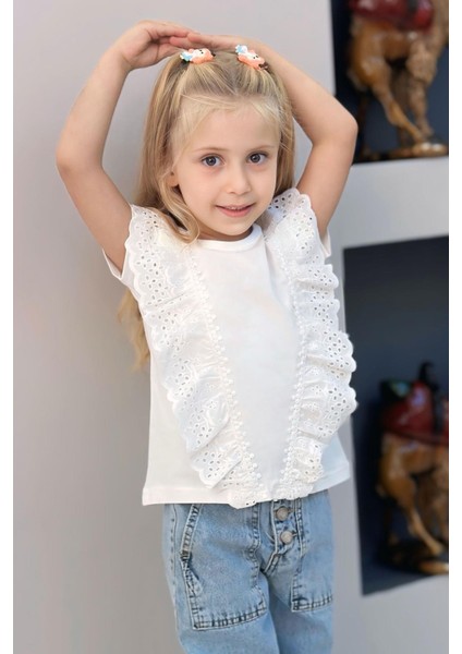 Kız Çocuk Tişört Güpürlü Çiçekleri Nakışlı 1.5-5 Yaş, Beyaz fiyatları