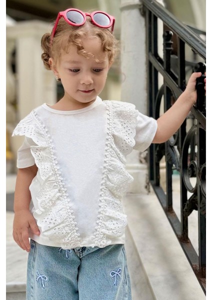 Kız Çocuk Tişört Güpürlü Çiçekleri Nakışlı 1.5-5 Yaş, Beyaz fırsatları