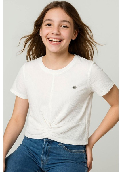 Kız Çocuk Tişört Armalı Göbek Kısmı Dekolte Detaylı 9-16 Yaş, Ekru fiyatları