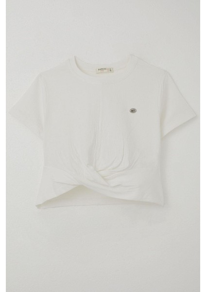 Kız Çocuk Tişört Armalı Göbek Kısmı Dekolte Detaylı 9-16 Yaş, Ekru modelleri