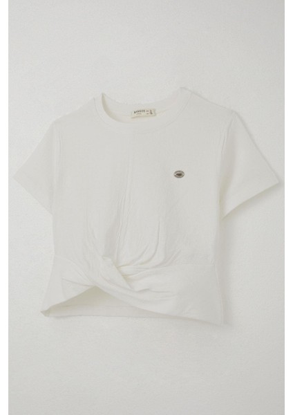 Kız Çocuk Tişört Armalı Göbek Kısmı Dekolte Detaylı 9-16 Yaş, Ekru indirimleri