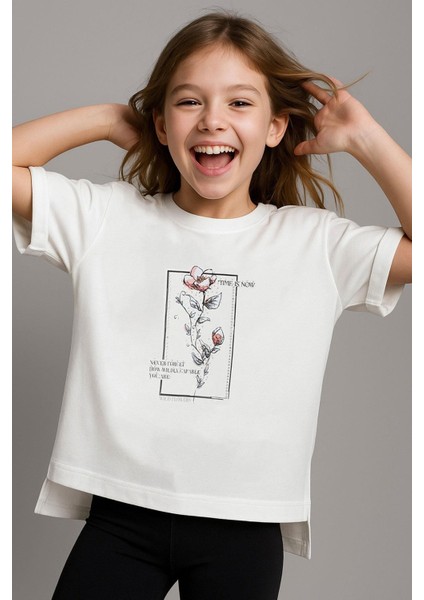 Kız Çocuk Tişört Taş Aksesuarlı Çiçek Baskılı 9-16 Yaş, Ekru