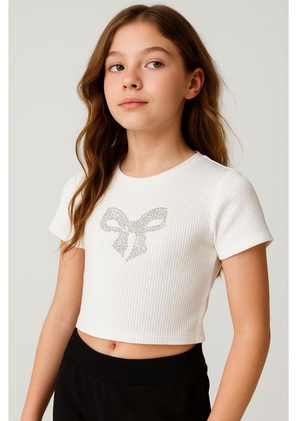 Kız Çocuk Tişört Taşlı Fiyonk Baskılı 8-14 Yaş, Ekru