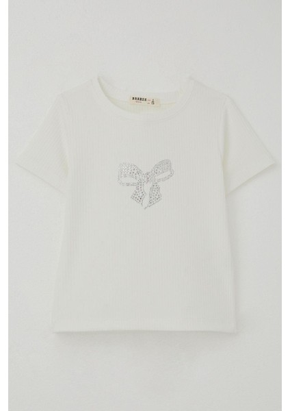 Kız Çocuk Tişört Taşlı Fiyonk Baskılı 8-14 Yaş, Ekru fiyatları