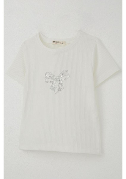 Kız Çocuk Tişört Taşlı Fiyonk Baskılı 8-14 Yaş, Ekru fırsatları