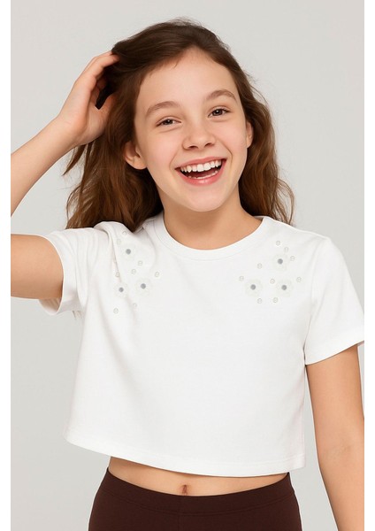 Kız Çocuk Tişört Inci Detaylıl Çiçek Aksesuarlı 6-12 Yaş, Ekru