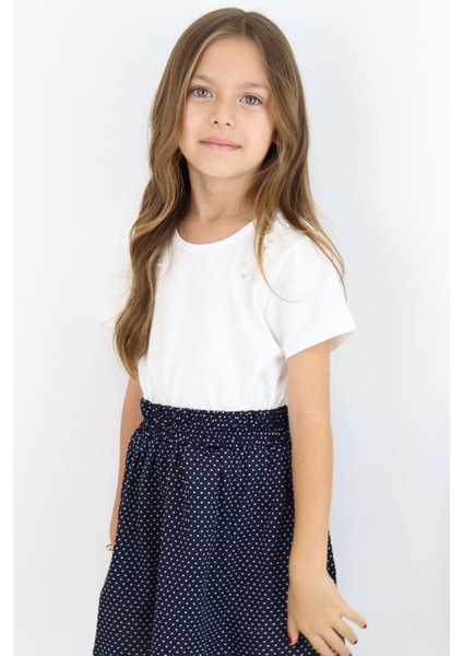 Kız Çocuk Tişört Inci Detaylıl Çiçek Aksesuarlı 6-12 Yaş, Ekru fiyatları