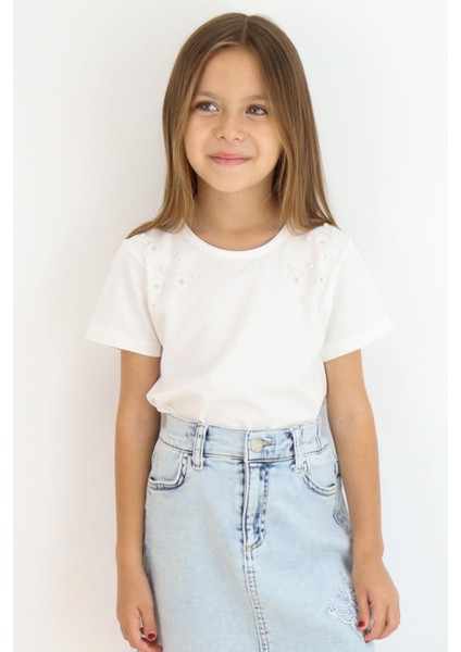 Kız Çocuk Tişört Inci Detaylıl Çiçek Aksesuarlı 6-12 Yaş, Ekru modelleri