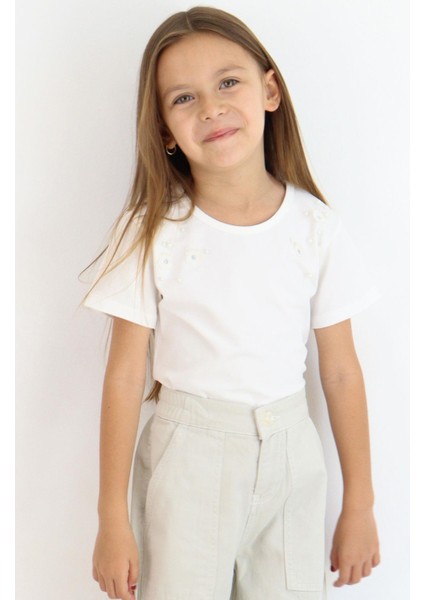 Kız Çocuk Tişört Inci Detaylıl Çiçek Aksesuarlı 6-12 Yaş, Ekru fırsatları