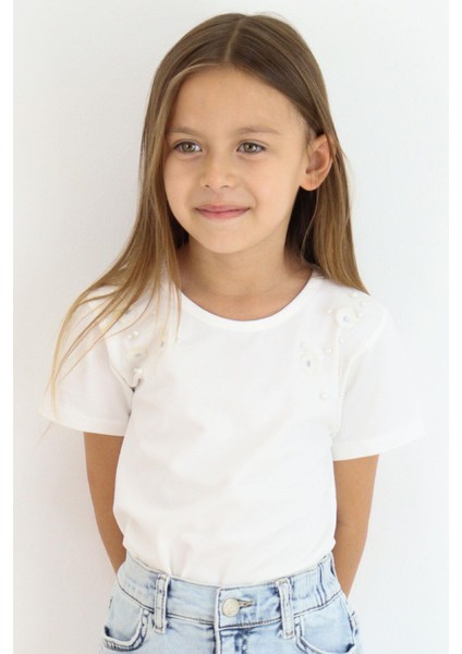 Kız Çocuk Tişört Inci Detaylıl Çiçek Aksesuarlı 6-12 Yaş, Ekru indirimleri