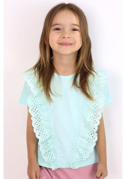 Kız Çocuk Tişört Güpürlü Çiçekleri Nakışlı 1.5-5 Yaş, Su Yeşili