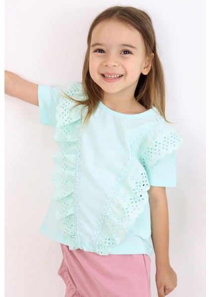 Kız Çocuk Tişört Güpürlü Çiçekleri Nakışlı 1.5-5 Yaş, Su Yeşili modelleri