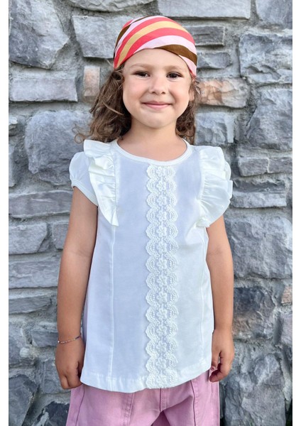 Kız Çocuk Tişört Fırfırlı Güpürlü 3-8 Yaş, Ekru