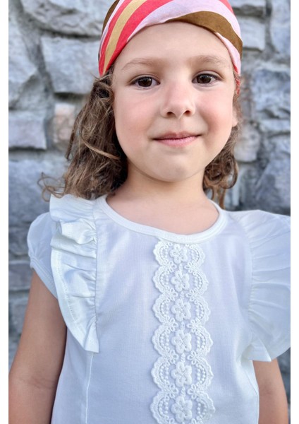Kız Çocuk Tişört Fırfırlı Güpürlü 3-8 Yaş, Ekru fırsatları