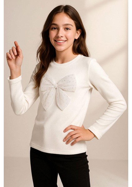 Kız Çocuk Uzun Kollu Tişört Taşlı Fiyonk Aksesuarlı 9-14 Yaş, Ekru
