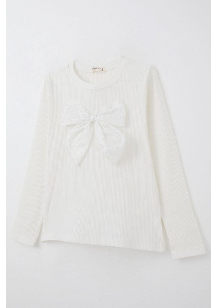 Kız Çocuk Uzun Kollu Tişört Taşlı Fiyonk Aksesuarlı 9-14 Yaş, Ekru fırsatları