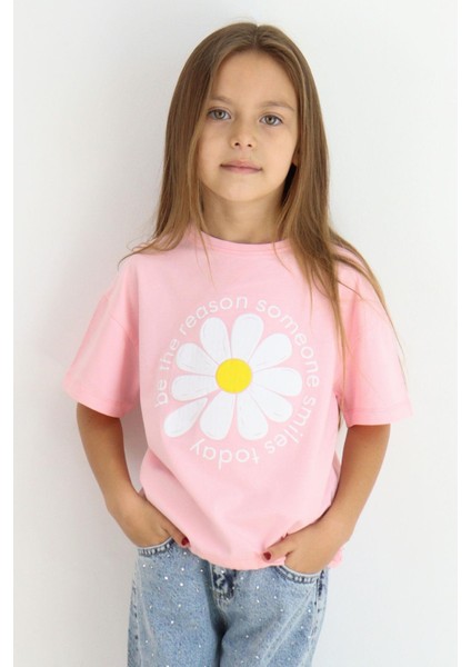 Kız Çocuk Tişört Papatya Baskılı 7-12 Yaş, Pembe