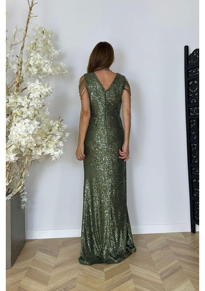 G1516 Kol Detaylı Payet Maksi Abiye Elbise Haki