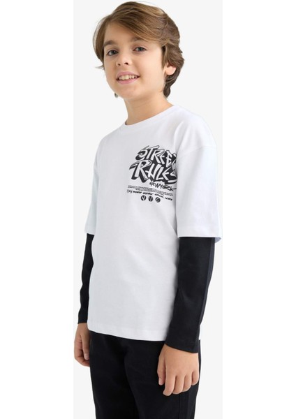 Erkek Çocuk Oversize Geniş Kalıp Bisiklet Yaka Baskılı Uzun Kollu Tişört E9588A825AU modelleri