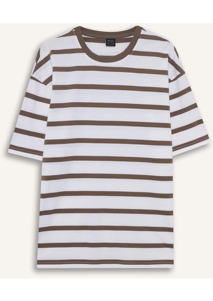 %100 Pamuk Boxy Fit Rahat Kesim Bisiklet Yaka Çizgili Kısa Kollu Tişört E1160AX25AU