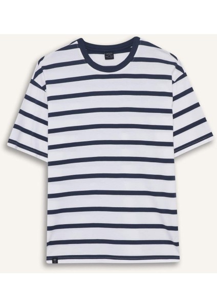%100 Pamuk Boxy Fit Rahat Kesim Bisiklet Yaka Çizgili Kısa Kollu Tişört E1160AX25AU