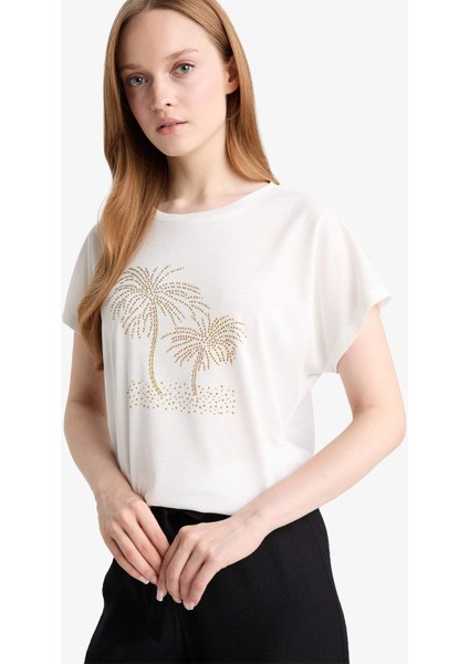 Bisiklet Yaka Taş Baskılı Kısa Kollu Tişört F9593AX25AU modelleri