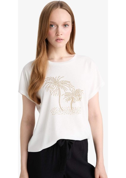 Bisiklet Yaka Taş Baskılı Kısa Kollu Tişört F9593AX25AU fırsatları