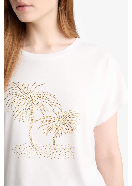 Bisiklet Yaka Taş Baskılı Kısa Kollu Tişört F9593AX25AU indirimleri