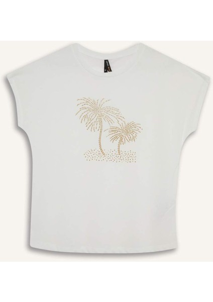 Bisiklet Yaka Taş Baskılı Kısa Kollu Tişört F9593AX25AU