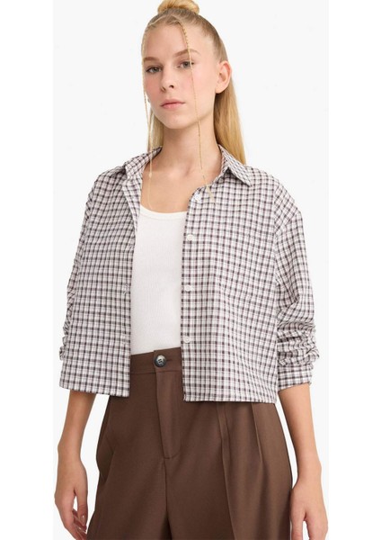 Coool Oversize Geniş Kalıp Crop Kareli Uzun Kollu Gömlek E6934AX25AU
