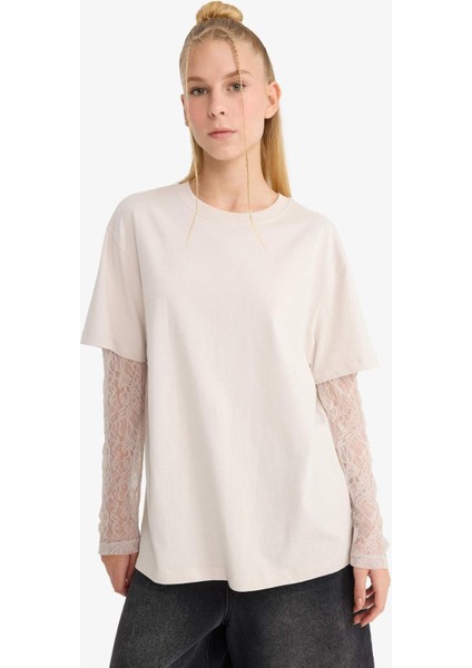 Coool Oversize Geniş Kalıp Bisiklet Yaka Dantel Detaylı Uzun Kollu Tişört E7605AX25AU